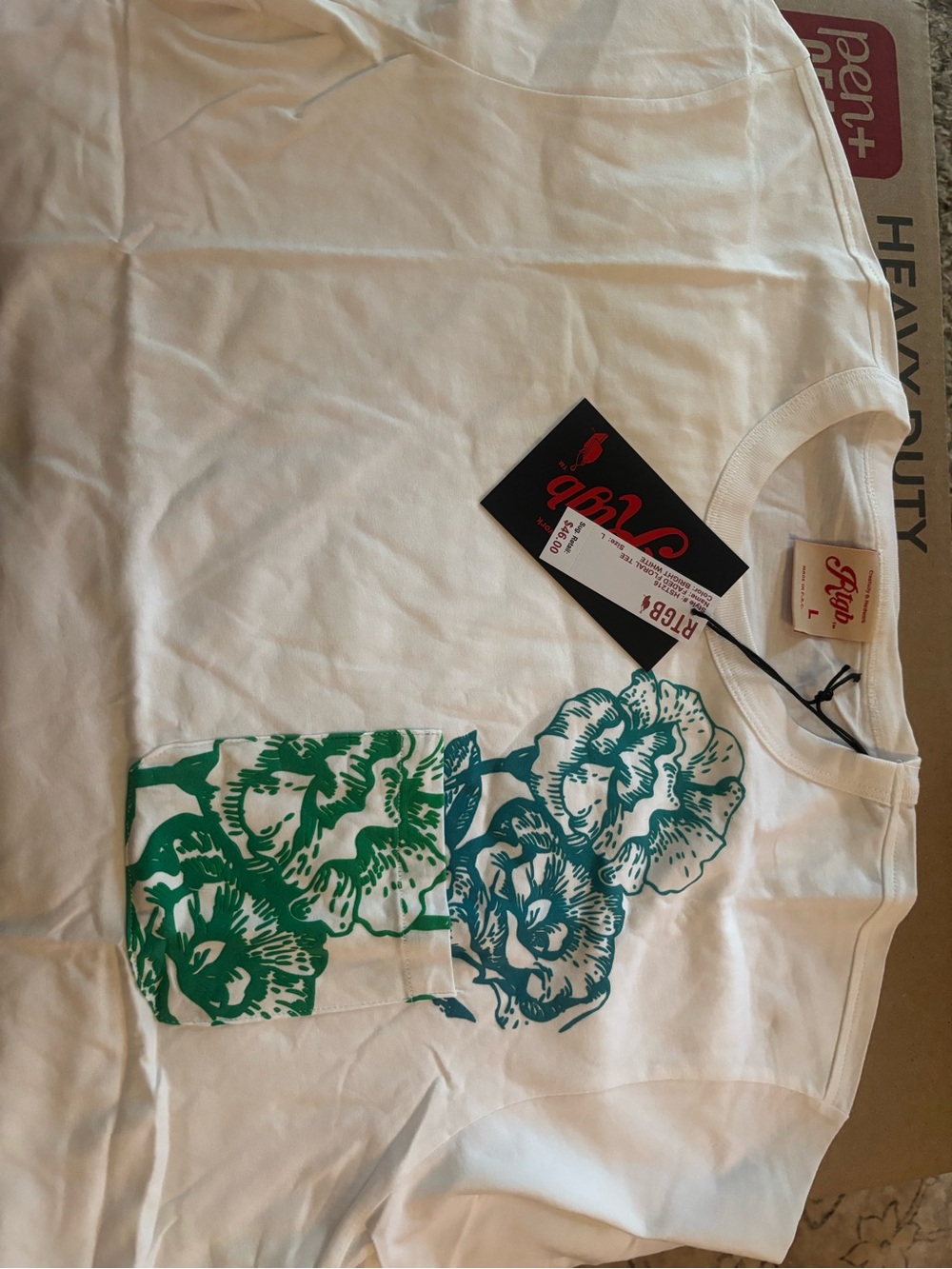 RTGB White Graphic Tee with Green Floral Pocket Print